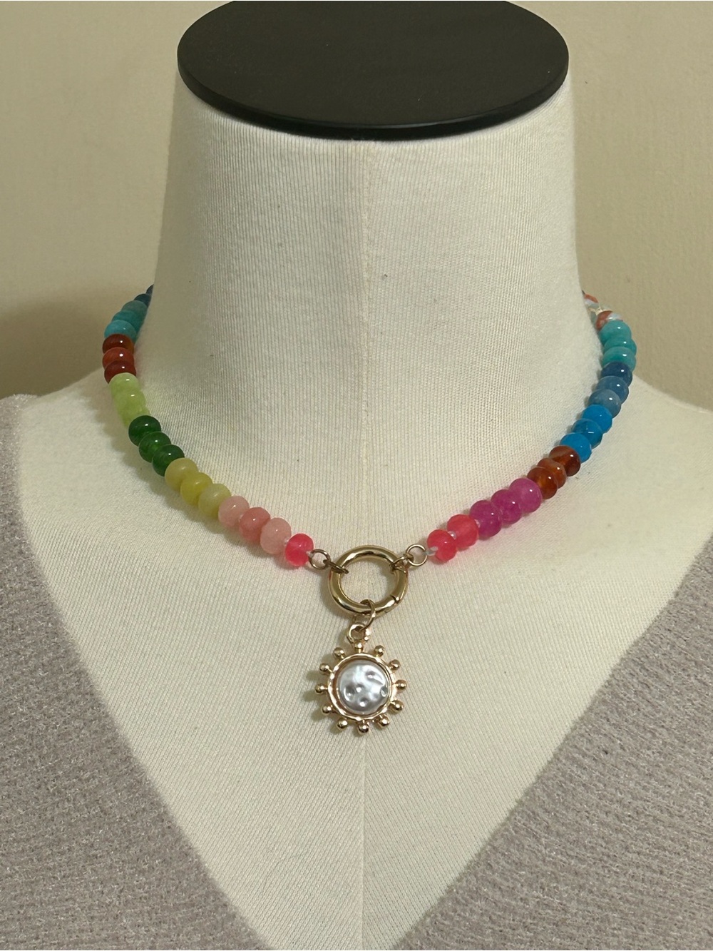 LUCY GEMSTONE BEADED CHARM NECKLACE BASE IN RAINBOW MULTI WITH BONUS CHARM